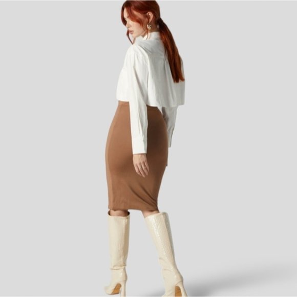 XXI Camel Cotton Pencil Skirt w Elastic Waist- Size S - Picture 3 of 7